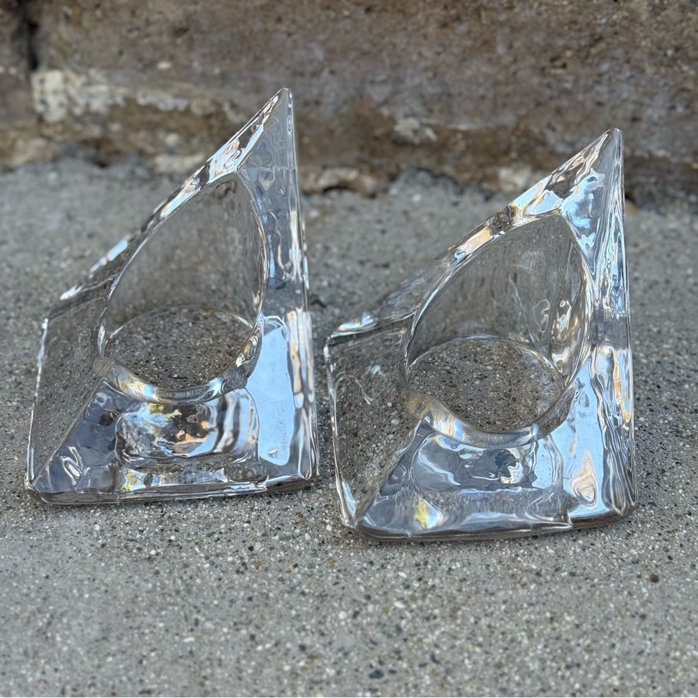 Two Vintage MCM Nybro Sweden 3.5” Clear Art Glass Pyramid Votive Candle Holders